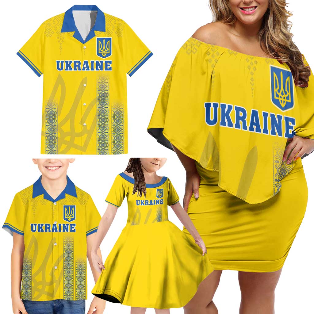 Custom Ukraine Football Family Matching Off Shoulder Short Dress and Hawaiian Shirt Come On Zbirna Yellow Version