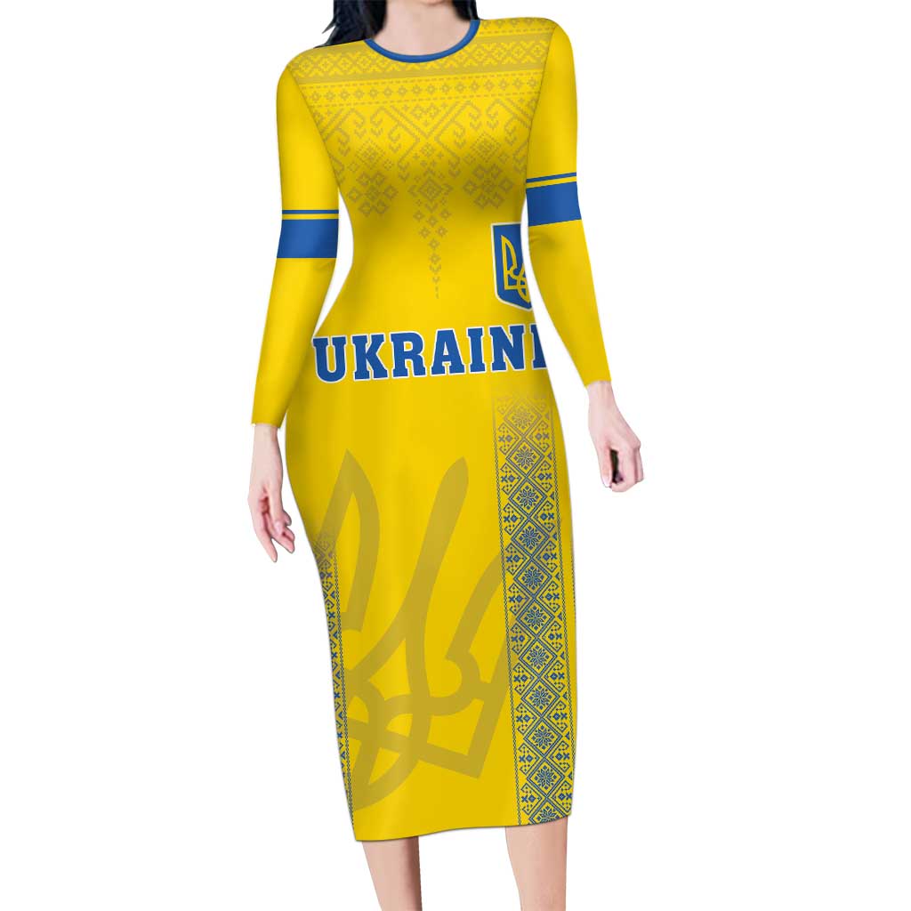 Custom Ukraine Football Long Sleeve Bodycon Dress Come On Zbirna Yellow Version