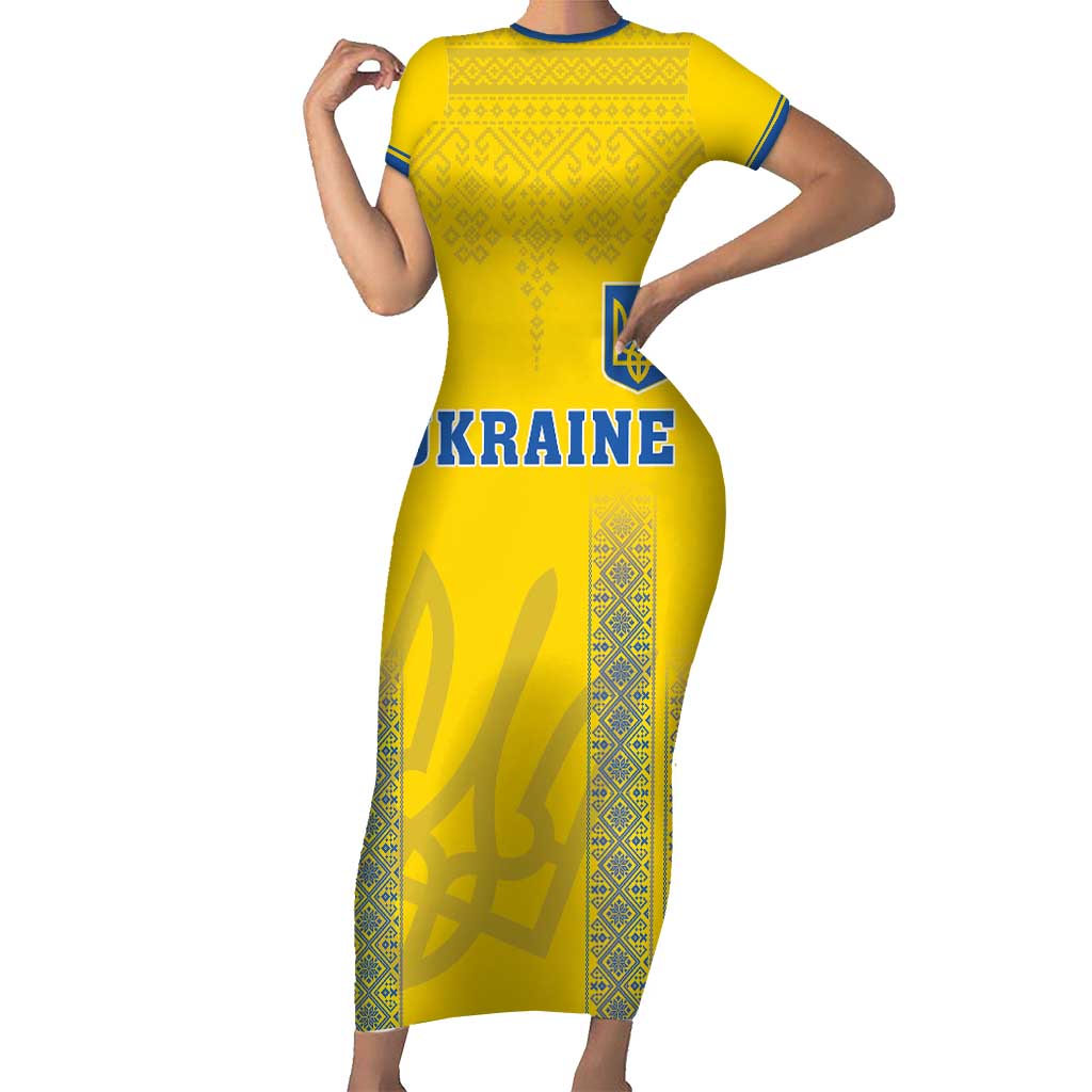 Custom Ukraine Football Short Sleeve Bodycon Dress Come On Zbirna Yellow Version