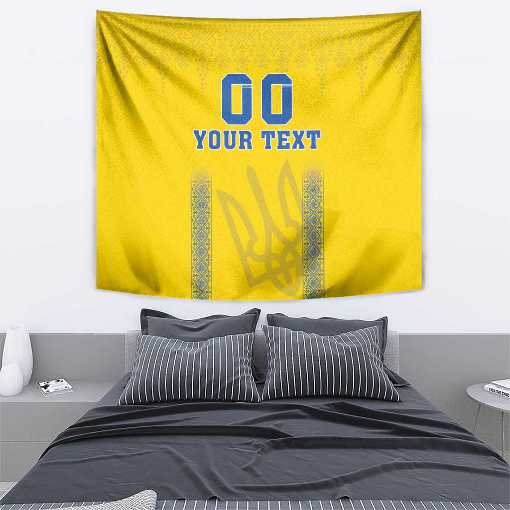 Yellow football tapestry with blue “00” and “YOUR TEXT” featuring central emblem panel