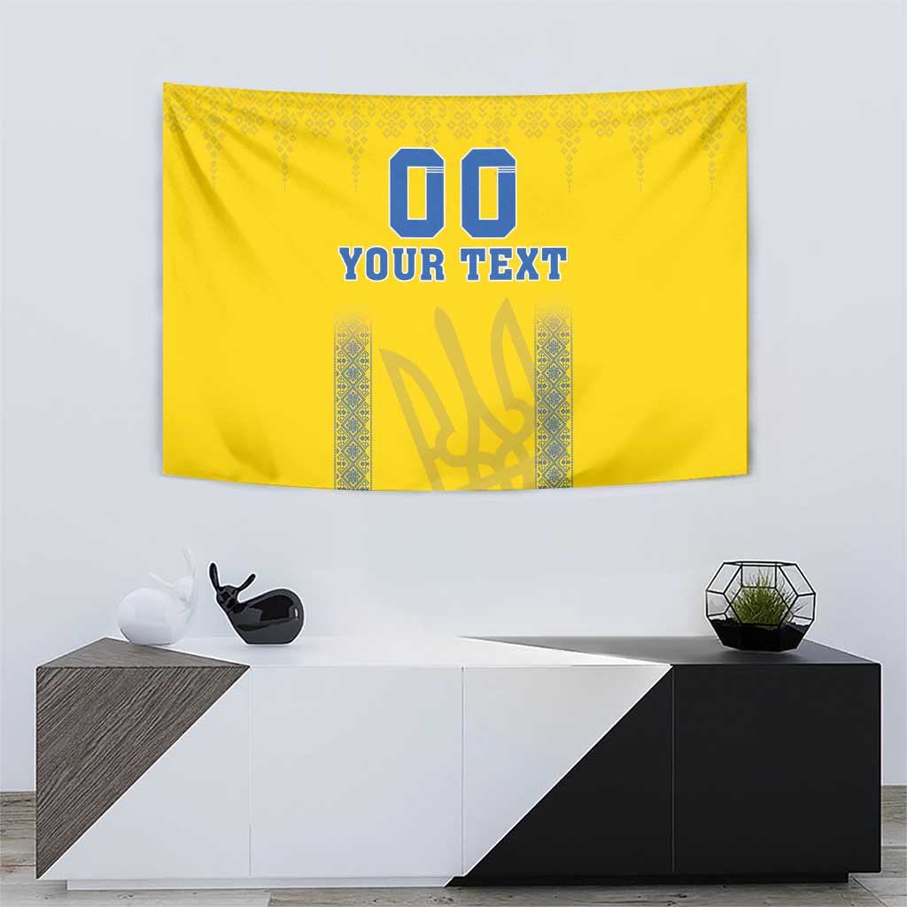 Yellow football tapestry with blue “00” and “YOUR TEXT” with decorative vertical pattern