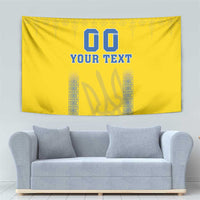 Yellow football tapestry with blue “00” and “YOUR TEXT” over central emblem