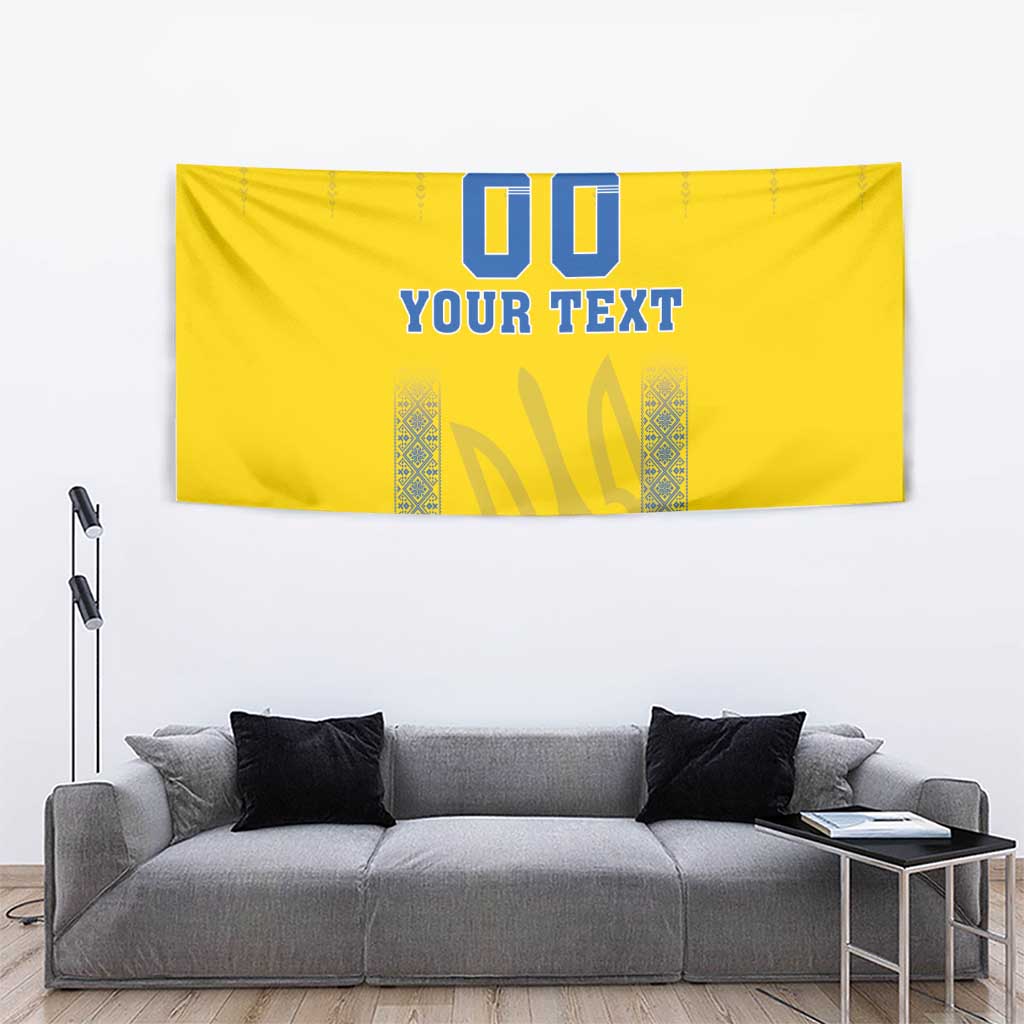 Yellow wall-hanging football tapestry with blue “00” and “YOUR TEXT” patterned border