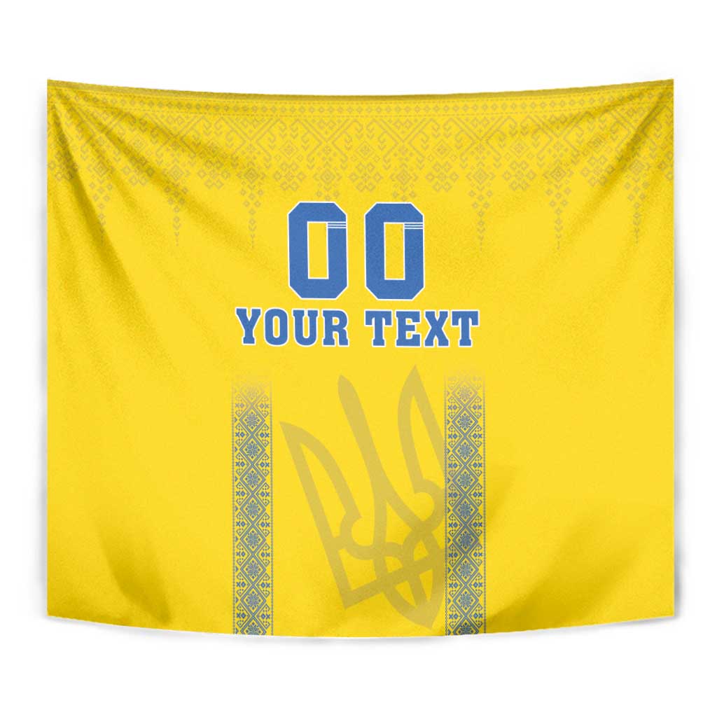 Close-up yellow football tapestry showing blue “00”, “YOUR TEXT”, and central emblem