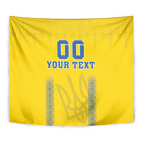 Close-up yellow football tapestry showing blue “00”, “YOUR TEXT”, and central emblem
