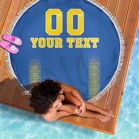 Round blue beach blanket with white fringe, 00 YOUR TEXT print and yellow decorative borders