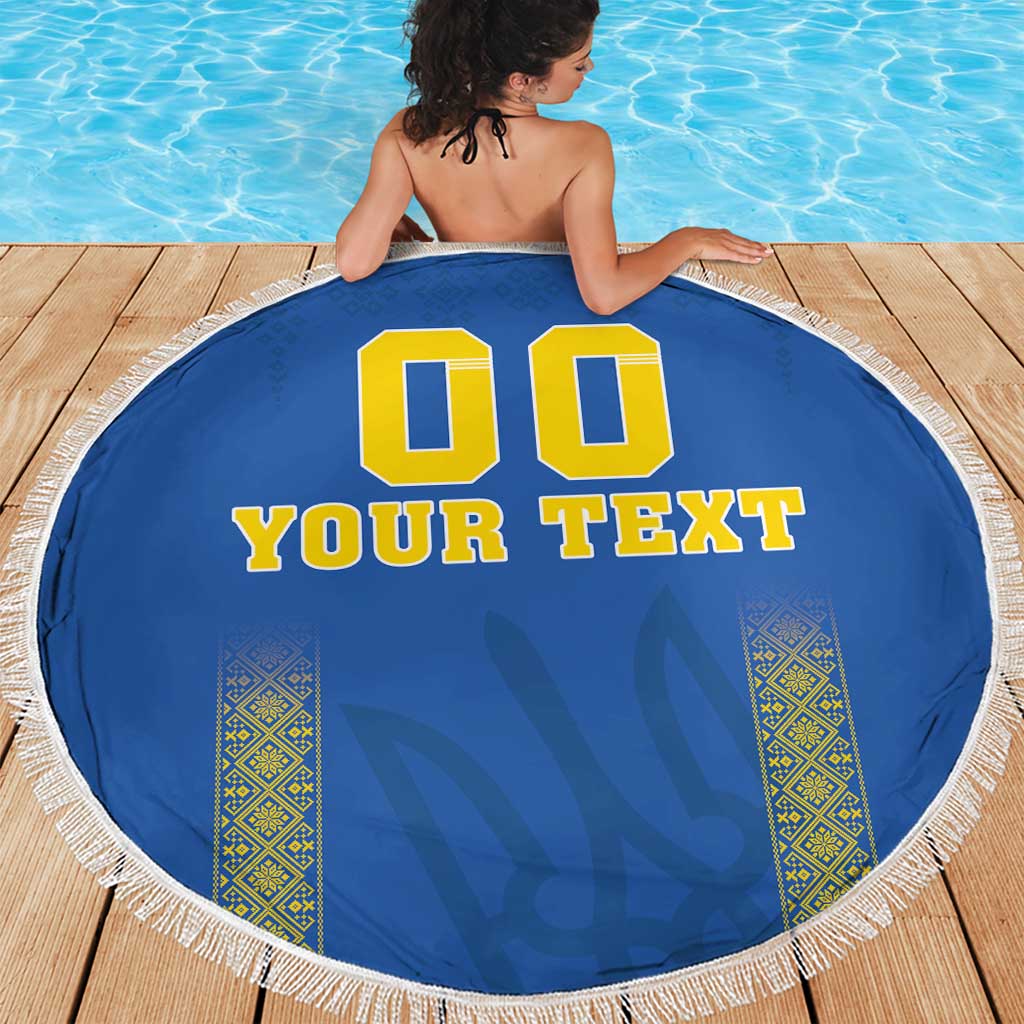 Round blue beach blanket with white fringe, 00 YOUR TEXT text and yellow pattern columns