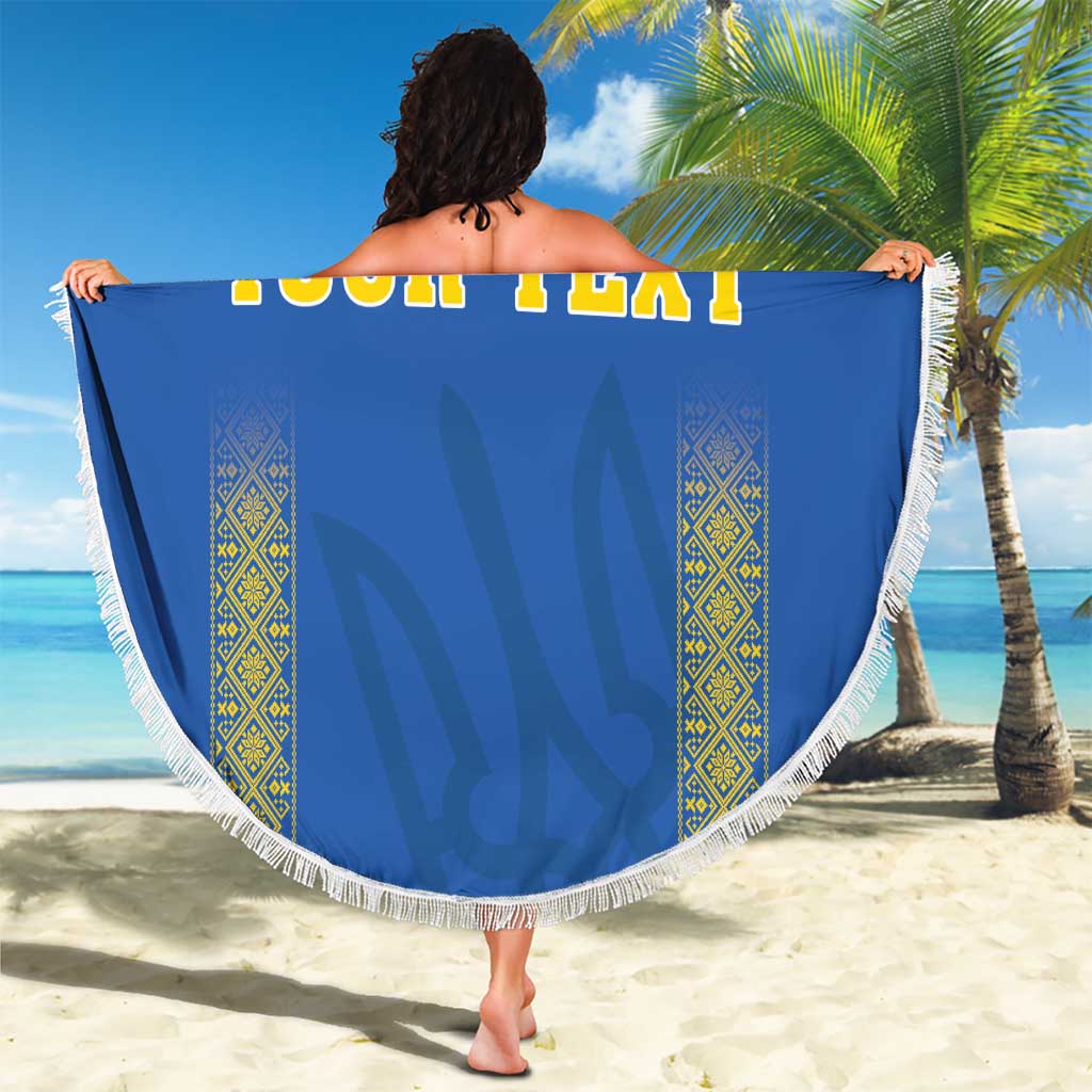 Blue beach blanket with white fringe border and printed 00 YOUR TEXT design on front
