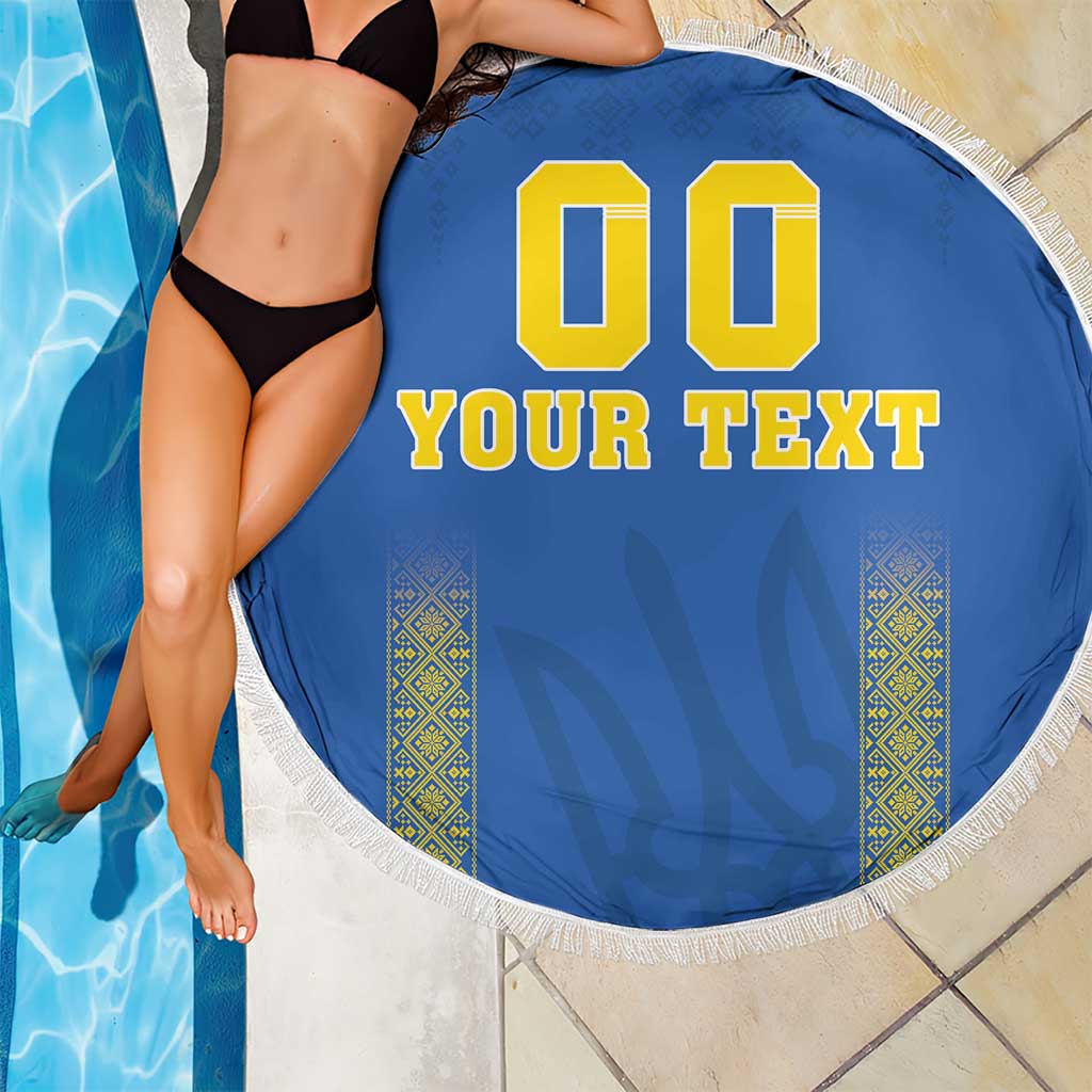 Round blue beach blanket with white fringe, 00 YOUR TEXT print and yellow patterned panels