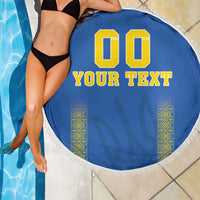 Round blue beach blanket with white fringe, 00 YOUR TEXT print and yellow patterned panels
