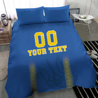 Blue football bedding set with '00' and 'YOUR TEXT' print on duvet and two pillowcases