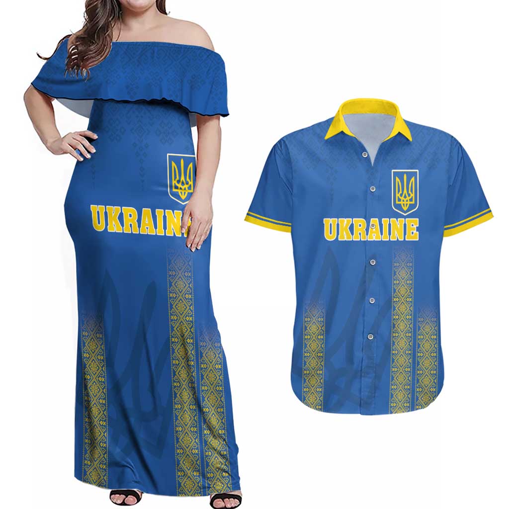 Custom Ukraine Football Couples Matching Off Shoulder Maxi Dress and Hawaiian Shirt Come On Zbirna Blue Version