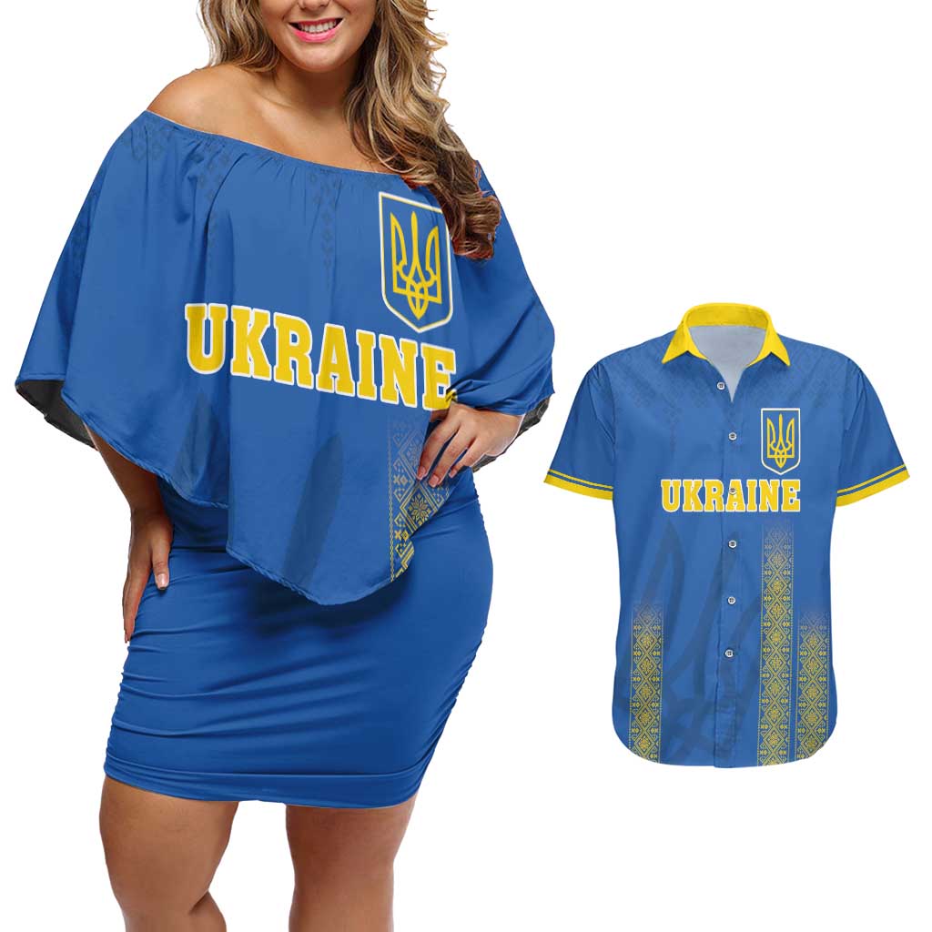 Custom Ukraine Football Couples Matching Off Shoulder Short Dress and Hawaiian Shirt Come On Zbirna Blue Version