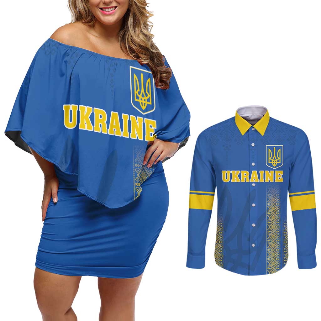 Custom Ukraine Football Couples Matching Off Shoulder Short Dress and Long Sleeve Button Shirt Come On Zbirna Blue Version