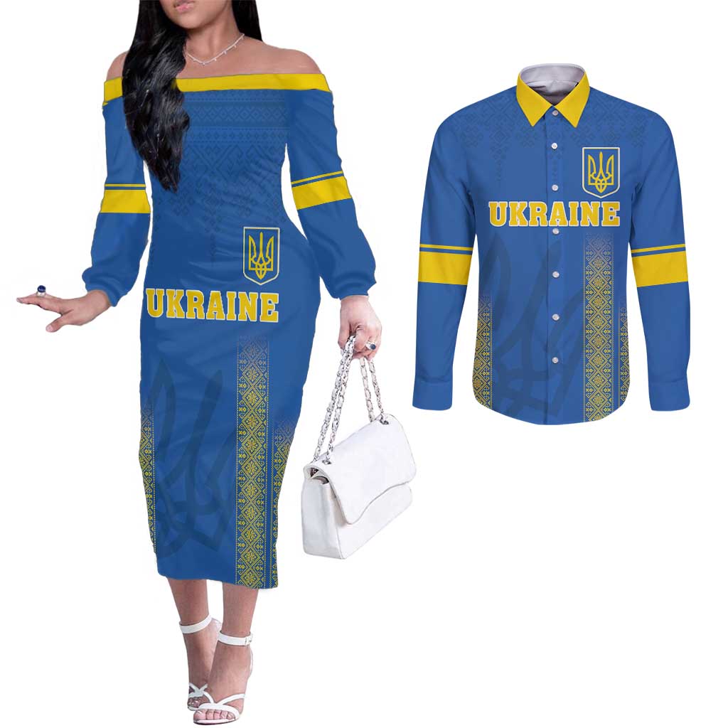 Custom Ukraine Football Couples Matching Off The Shoulder Long Sleeve Dress and Long Sleeve Button Shirt Come On Zbirna Blue Version