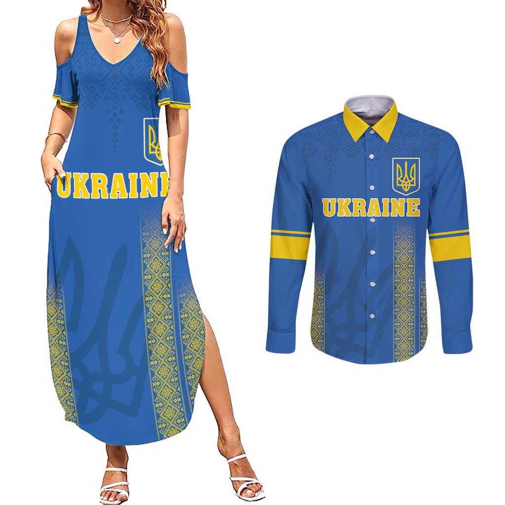 Custom Ukraine Football Couples Matching Summer Maxi Dress and Long Sleeve Button Shirt Come On Zbirna Blue Version