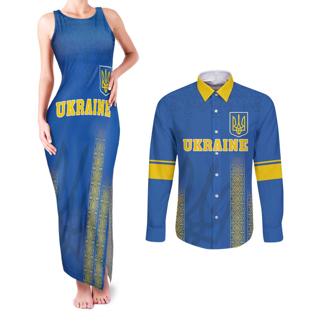 Custom Ukraine Football Couples Matching Tank Maxi Dress and Long Sleeve Button Shirt Come On Zbirna Blue Version