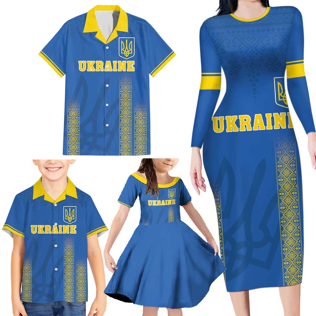 Custom Ukraine Football Family Matching Long Sleeve Bodycon Dress and Hawaiian Shirt Come On Zbirna Blue Version