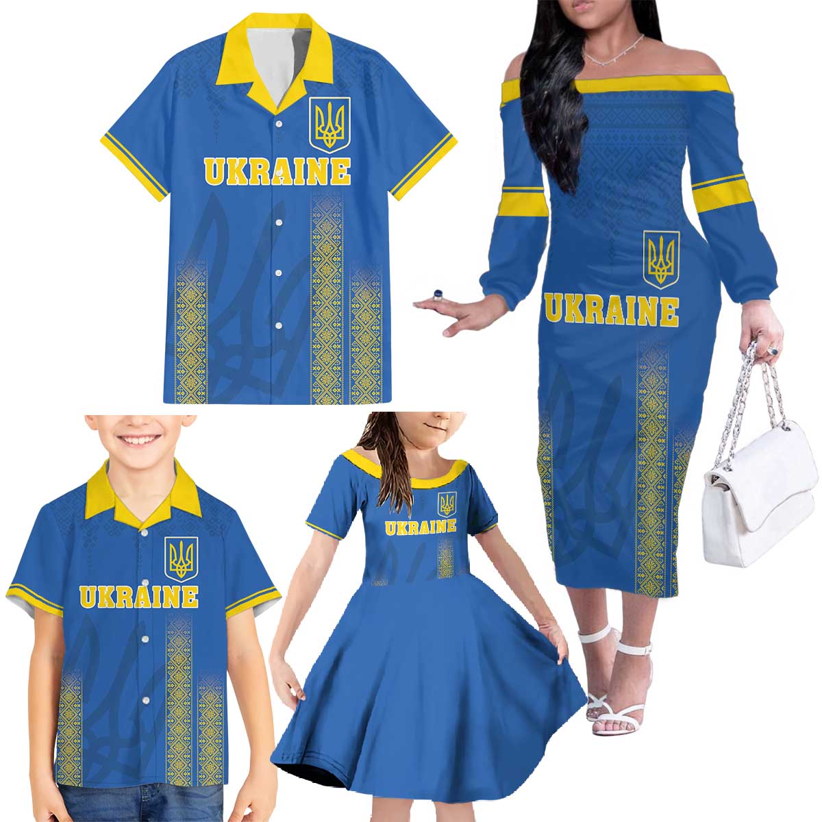 Custom Ukraine Football Family Matching Off The Shoulder Long Sleeve Dress and Hawaiian Shirt Come On Zbirna Blue Version