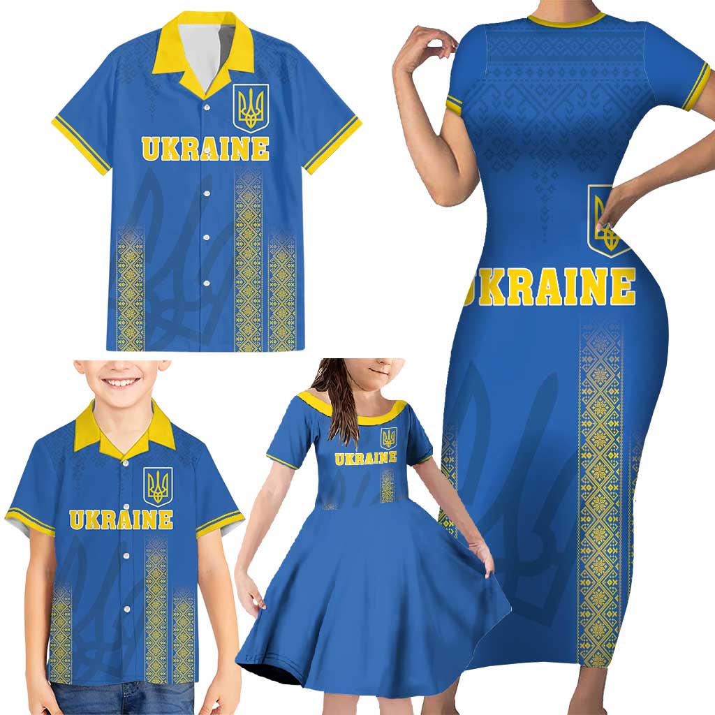 Custom Ukraine Football Family Matching Short Sleeve Bodycon Dress and Hawaiian Shirt Come On Zbirna Blue Version