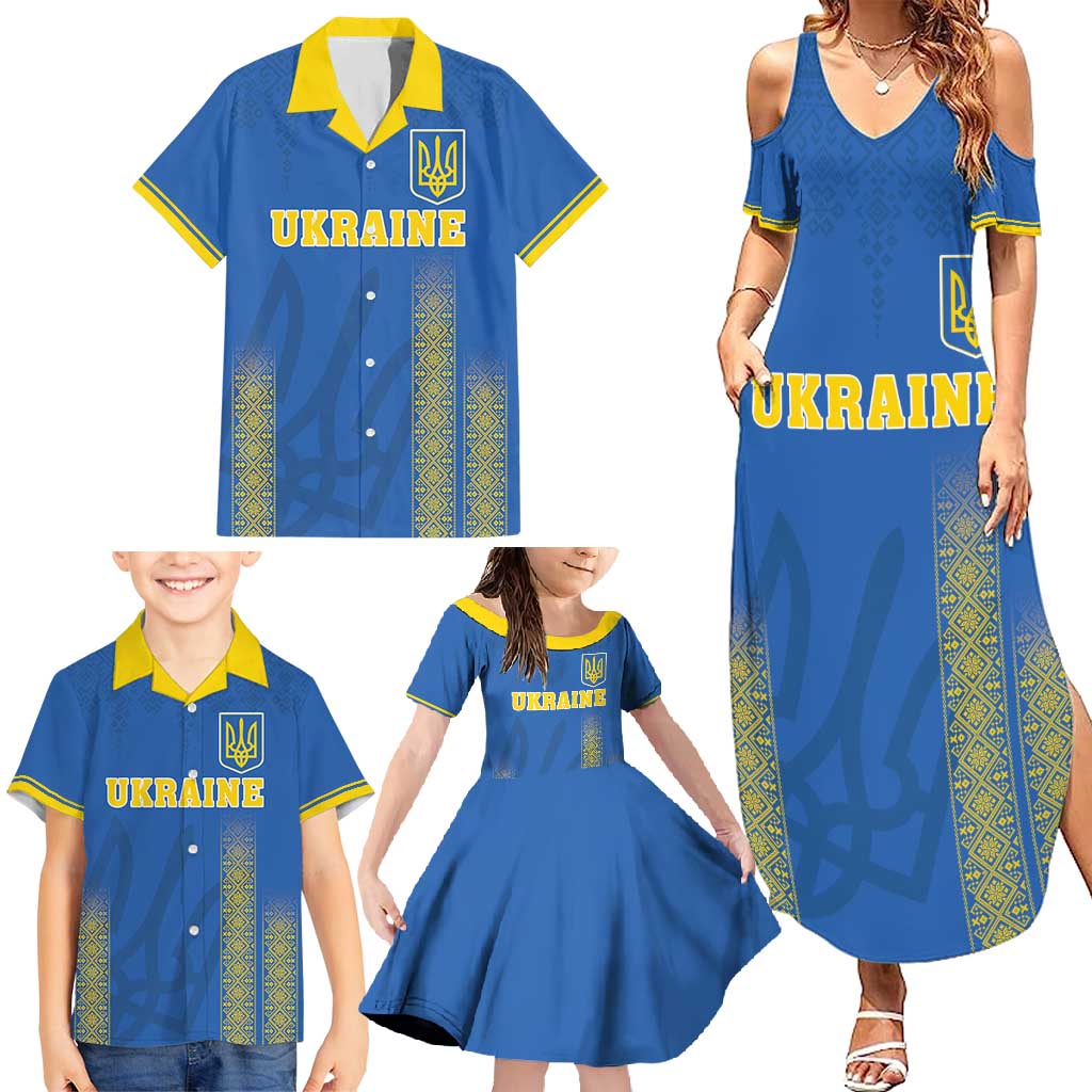 Custom Ukraine Football Family Matching Summer Maxi Dress and Hawaiian Shirt Come On Zbirna Blue Version