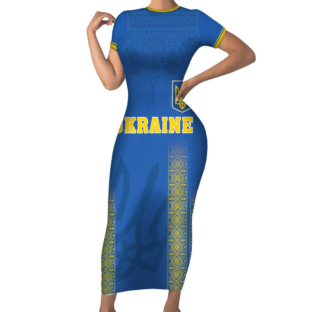 Custom Ukraine Football Short Sleeve Bodycon Dress Come On Zbirna Blue Version