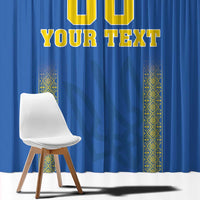 Blue curtain panel close-up showing yellow “YOUR TEXT” and vertical decorative stripe.