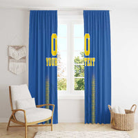 Blue window curtain panels with yellow “0” and “YOUR TEXT,” featuring vertical ornamental bands.