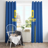Blue football window curtains with top hooks, yellow “0” and “YOUR TEXT” centered.