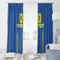 Blue and white window curtain set with yellow “0” and “YOUR TEXT,” hung on a rod.