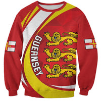 Red crewneck sweatshirt with Guernsey coat of arms graphic and long sleeves