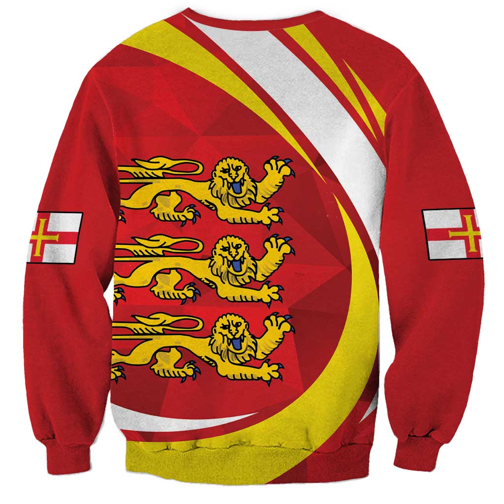 Red crewneck sweatshirt with large circular Guernsey coat of arms on back