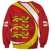 Red crewneck sweatshirt with large circular Guernsey coat of arms on back