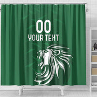 Green shower curtain with '00 YOUR TEXT' and white lion head on the panel