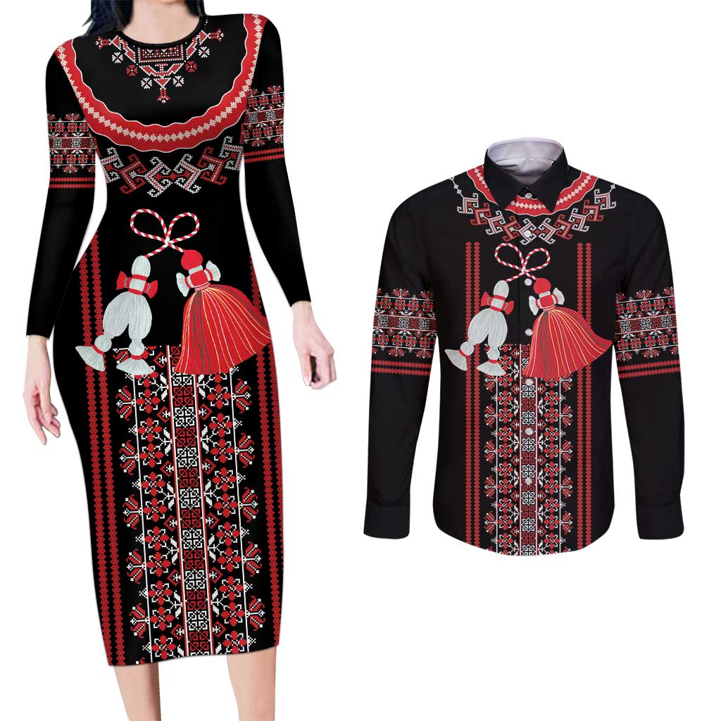 Traditional Spring Martisor Day Couples Matching Long Sleeve Bodycon Dress and Long Sleeve Button Shirt Romanian Embroidery Patterns