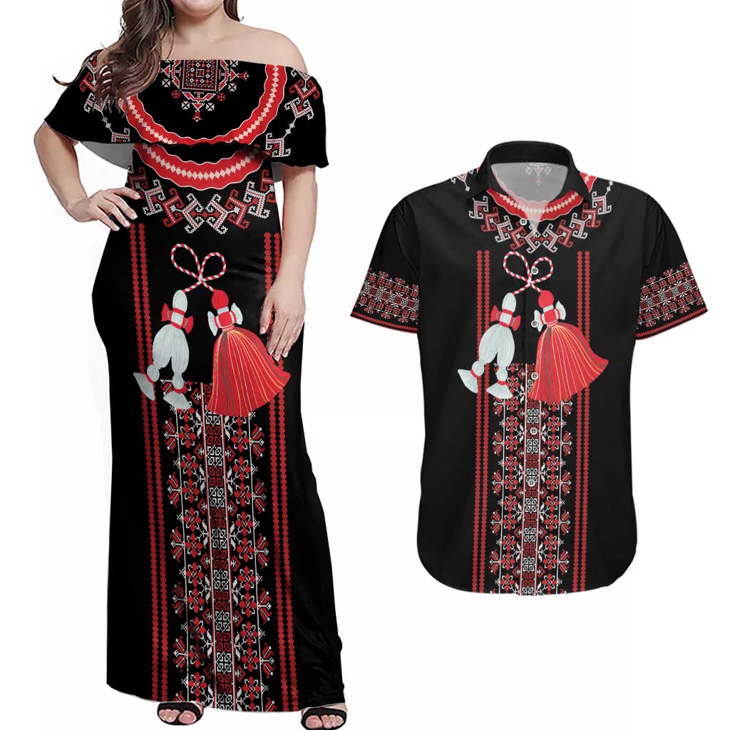 Traditional Spring Martisor Day Couples Matching Off Shoulder Maxi Dress and Hawaiian Shirt Romanian Embroidery Patterns