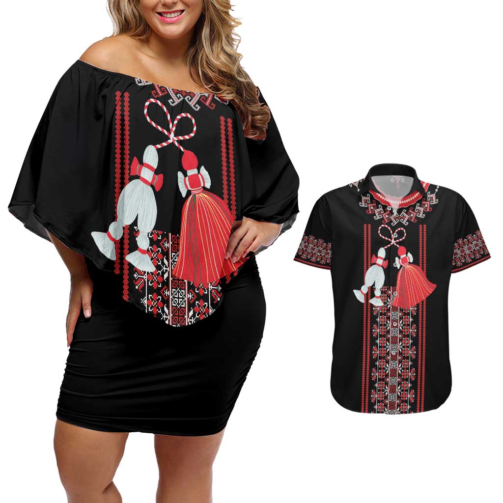 Traditional Spring Martisor Day Couples Matching Off Shoulder Short Dress and Hawaiian Shirt Romanian Embroidery Patterns