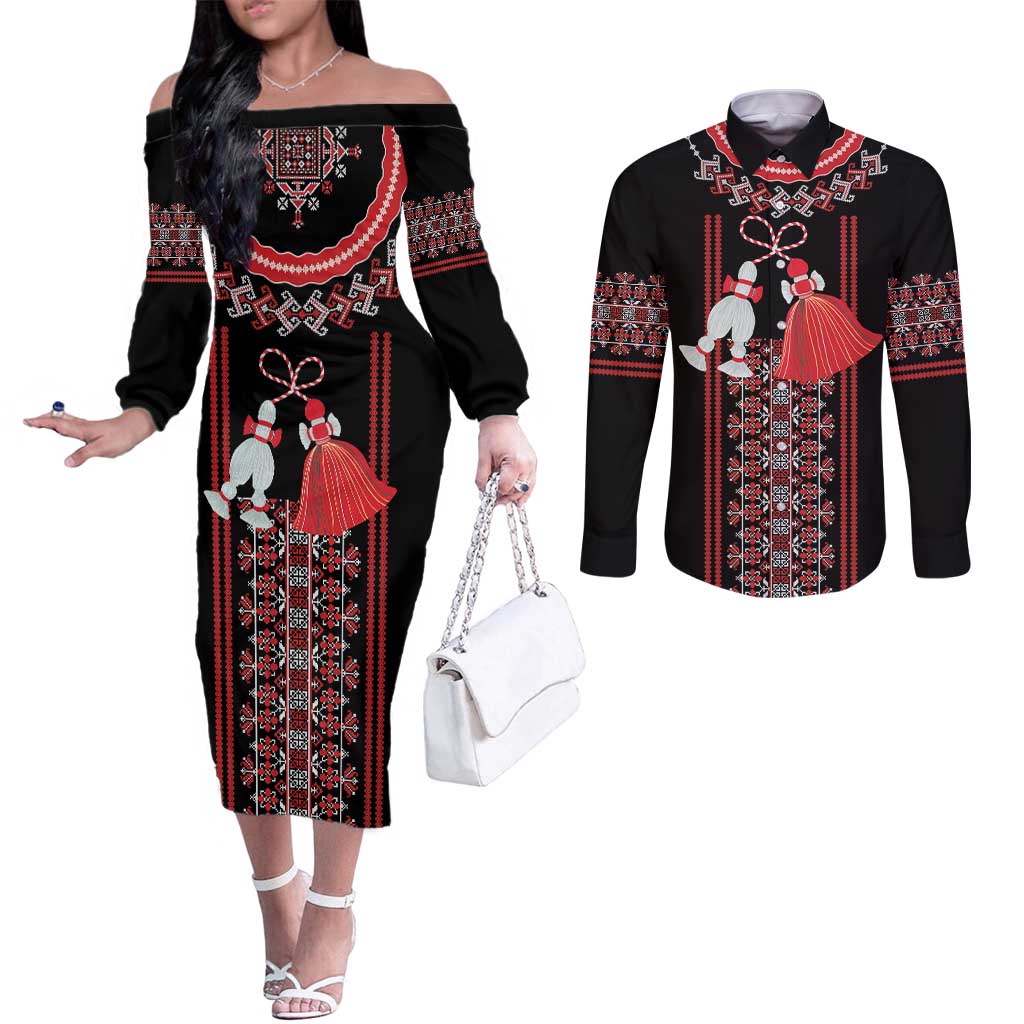 Traditional Spring Martisor Day Couples Matching Off The Shoulder Long Sleeve Dress and Long Sleeve Button Shirt Romanian Embroidery Patterns