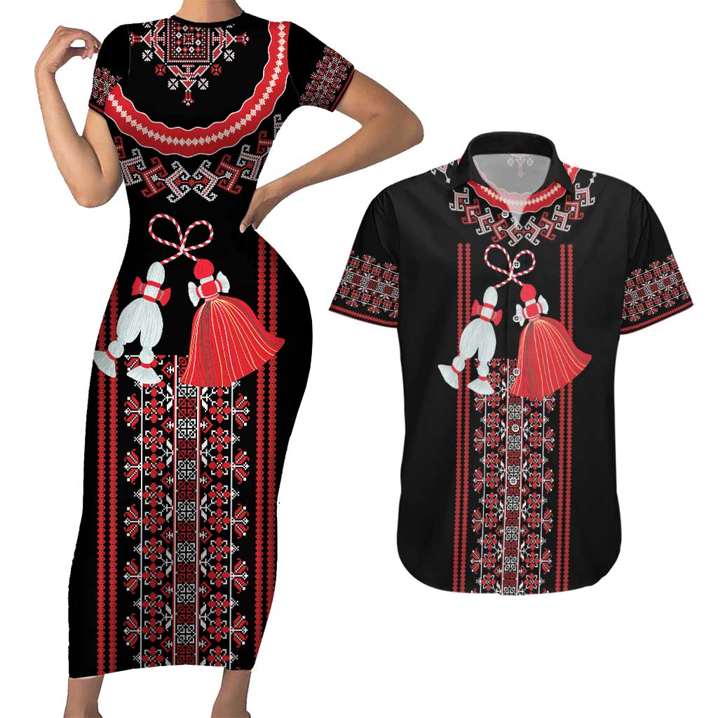 Traditional Spring Martisor Day Couples Matching Short Sleeve Bodycon Dress and Hawaiian Shirt Romanian Embroidery Patterns