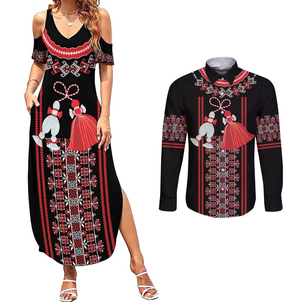 Traditional Spring Martisor Day Couples Matching Summer Maxi Dress and Long Sleeve Button Shirt Romanian Embroidery Patterns