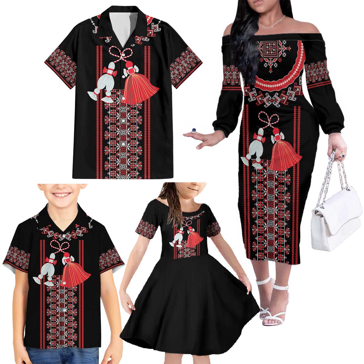 Traditional Spring Martisor Day Family Matching Off The Shoulder Long Sleeve Dress and Hawaiian Shirt Romanian Embroidery Patterns