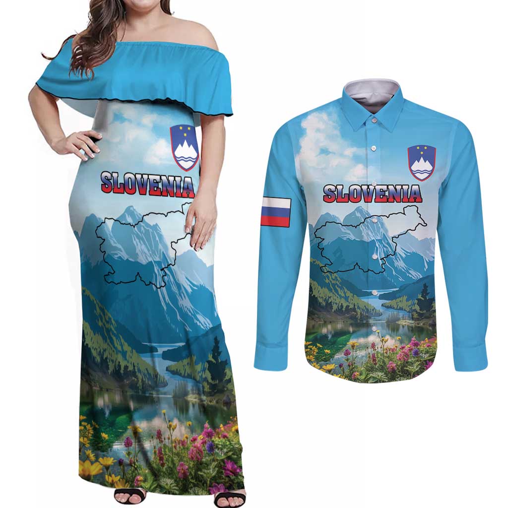 Slovenia Couples Matching Off Shoulder Maxi Dress and Long Sleeve Button Shirt Mount Triglav With Map