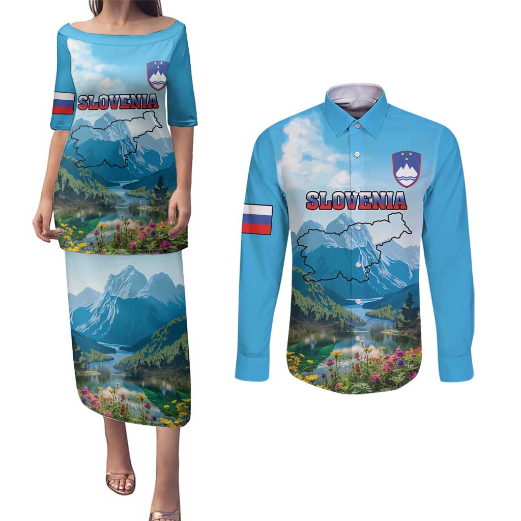 Slovenia Couples Matching Puletasi and Long Sleeve Button Shirt Mount Triglav With Map