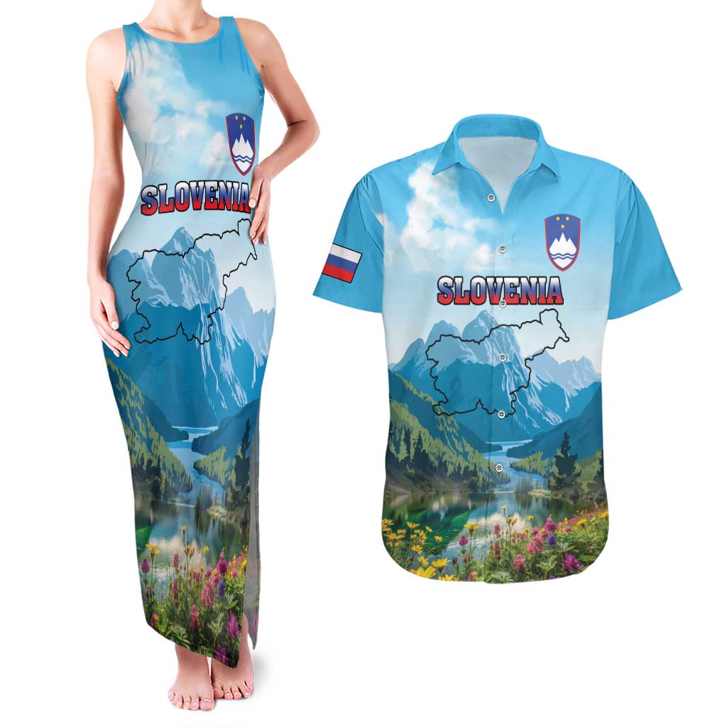 Slovenia Couples Matching Tank Maxi Dress and Hawaiian Shirt Mount Triglav With Map