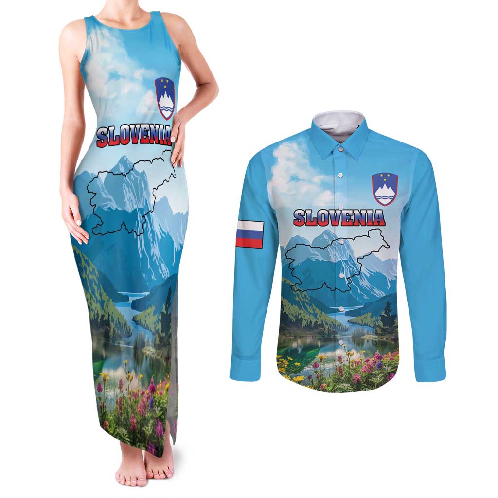 Slovenia Couples Matching Tank Maxi Dress and Long Sleeve Button Shirt Mount Triglav With Map