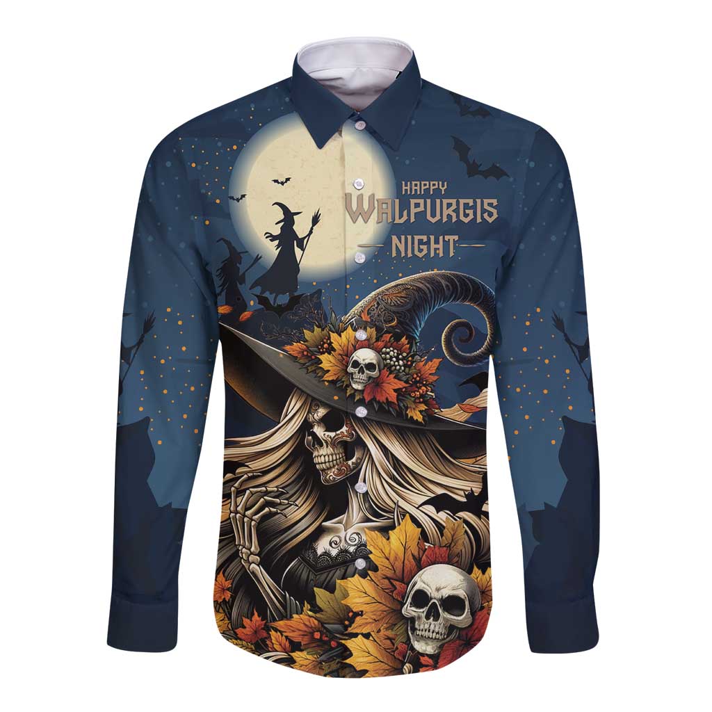 Dark blue long-sleeve button shirt with Halloween skull witch front graphic
