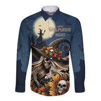 Dark blue long-sleeve button shirt with Halloween skull witch front graphic