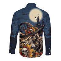 Dark blue long-sleeve button shirt with Halloween skull witch back graphic