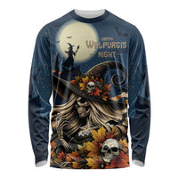 Dark blue long-sleeve shirt with skull, witch silhouette, full-color Halloween graphic