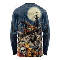 Dark blue long-sleeve shirt with back graphic: skulls, witch silhouette, moon and bats